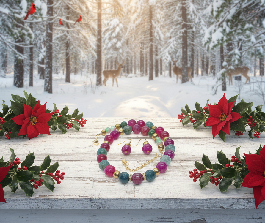 Stunning Natural Berry Tourmaline, Olive Quartz, and Gold Hematite, One-of-a-Kind, Beaded Necklace Set-handcrafted by Artistry Jewelry