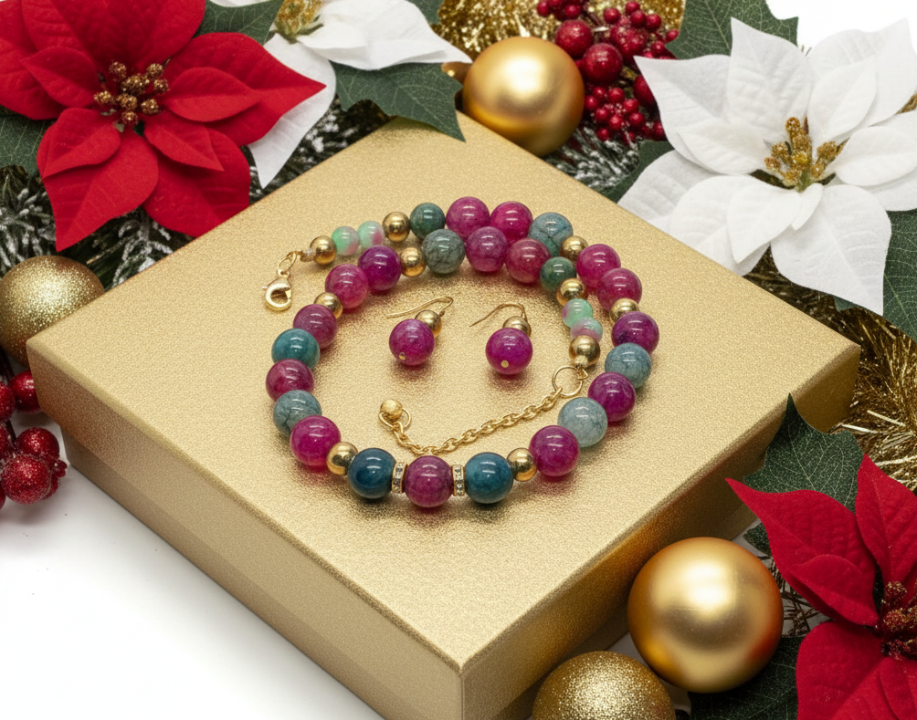 Stunning Natural Berry Tourmaline, Olive Quartz, and Gold Hematite, One-of-a-Kind, Beaded Necklace Set-handcrafted by Artistry Jewelry