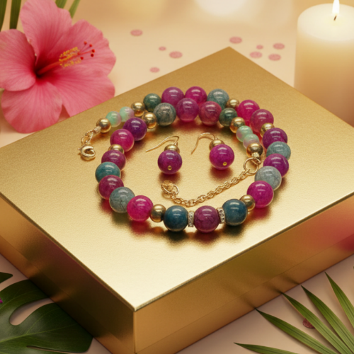 Stunning Natural Berry Tourmaline, Olive Quartz, and Gold Hematite, One-of-a-Kind, Beaded Necklace Set-handcrafted by Artistry Jewelry