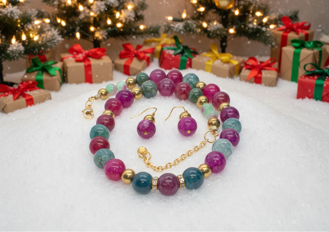 Stunning Natural Berry Tourmaline, Olive Quartz, and Gold Hematite, One-of-a-Kind, Beaded Necklace Set-handcrafted by Artistry Jewelry