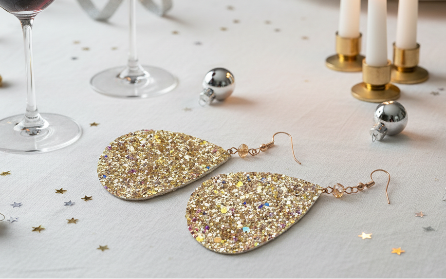 Glittering Teardrop Leather Earrings