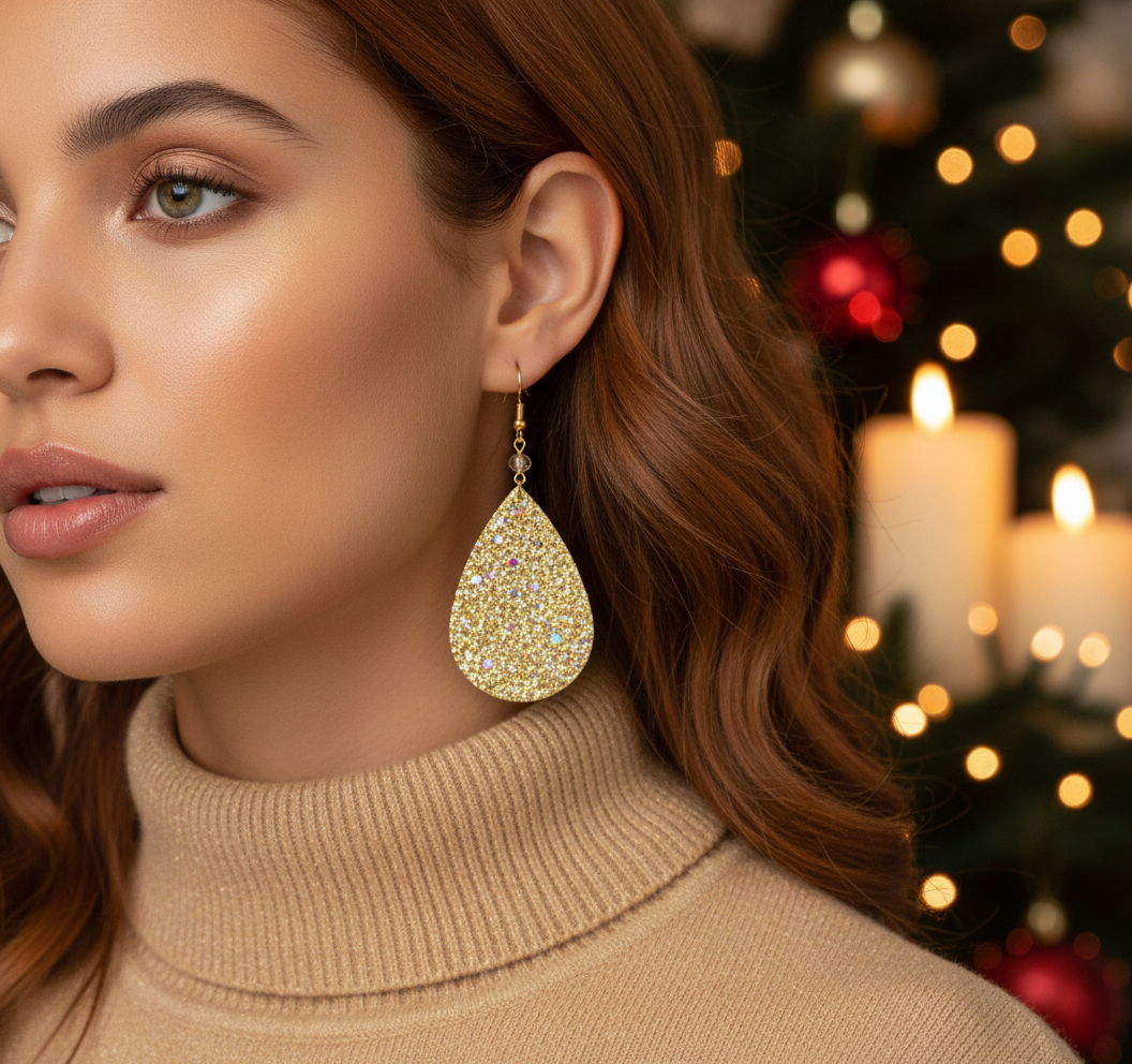 Glittering Teardrop Leather Earrings