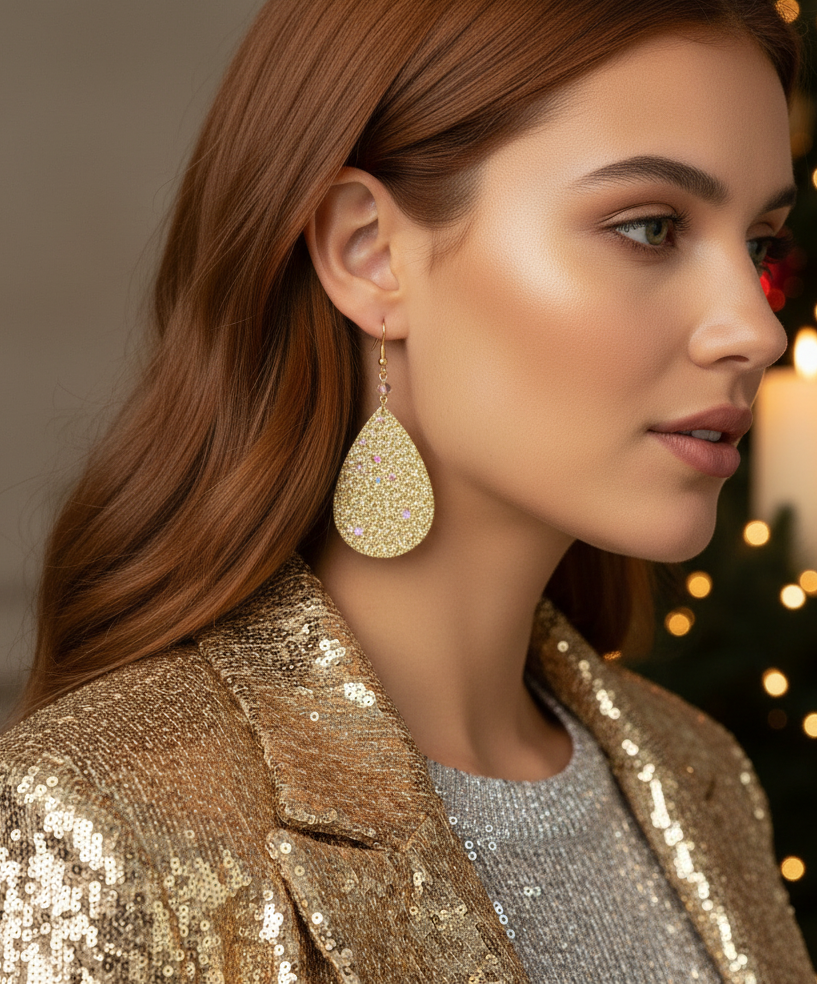 Glittering Teardrop Leather Earrings
