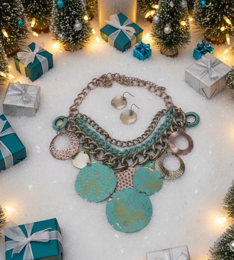 Exciting Green Patina Dangle Necklace Set