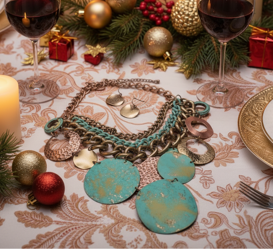 Exciting Green Patina Dangle Necklace Set