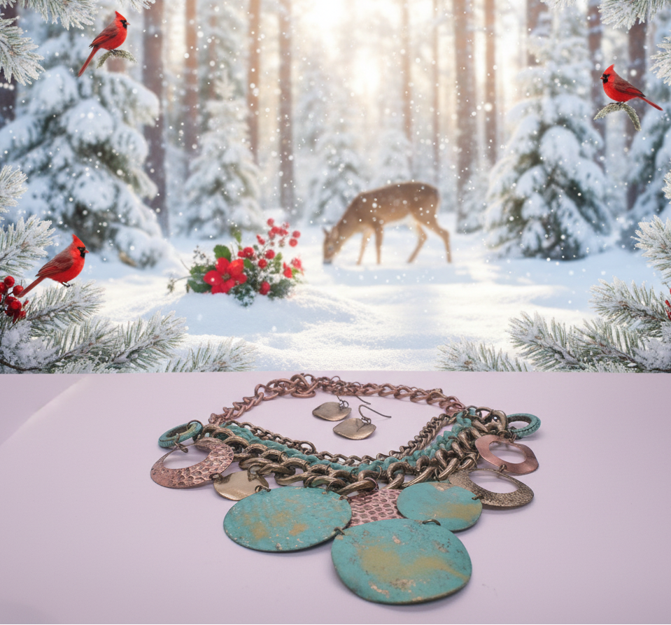 Exciting Green Patina Dangle Necklace Set