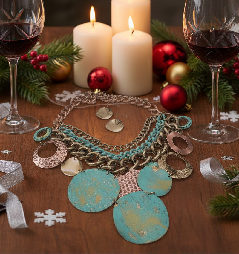 Exciting Green Patina Dangle Necklace Set