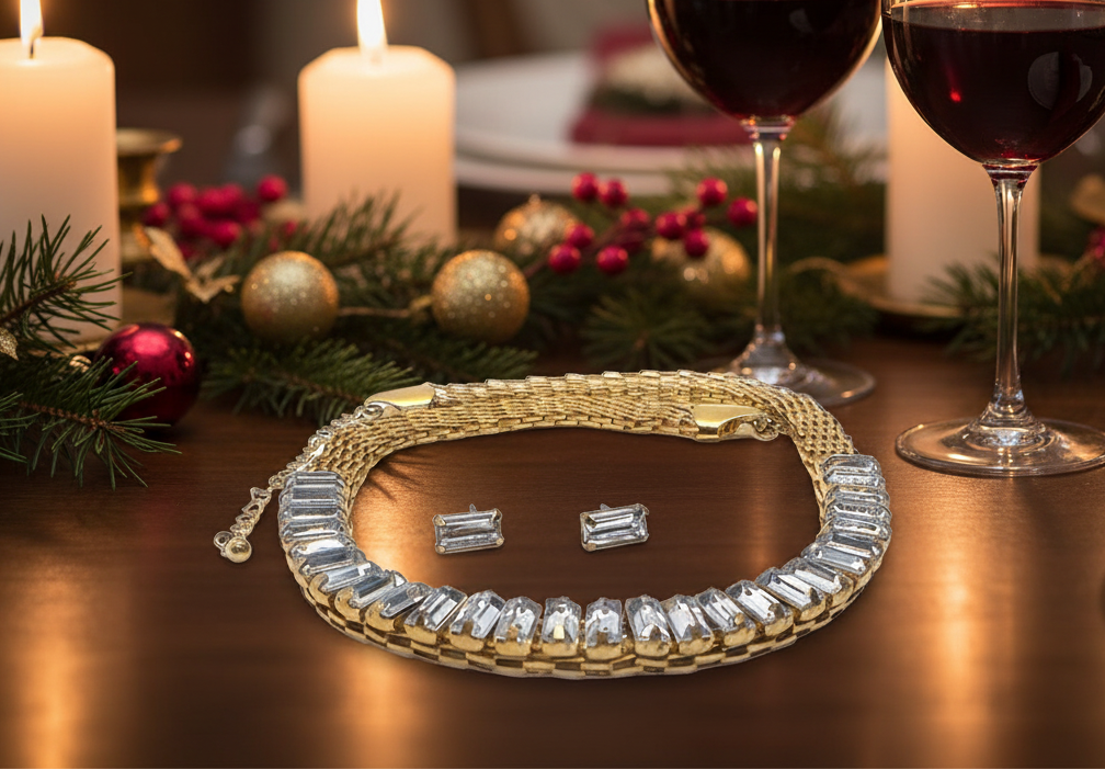 Lovely Rhinestones and Gold Necklace Set