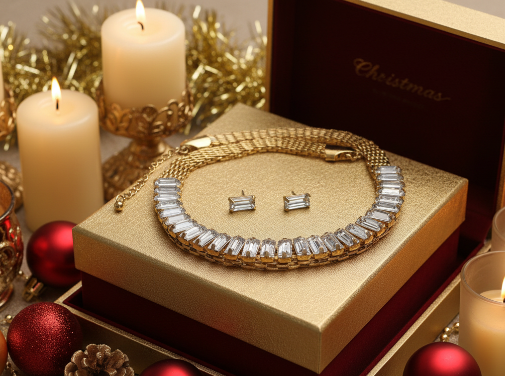 Lovely Rhinestones and Gold Necklace Set
