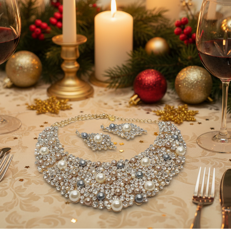 Gorgeous Pearls and Rhinestones Necklace Set