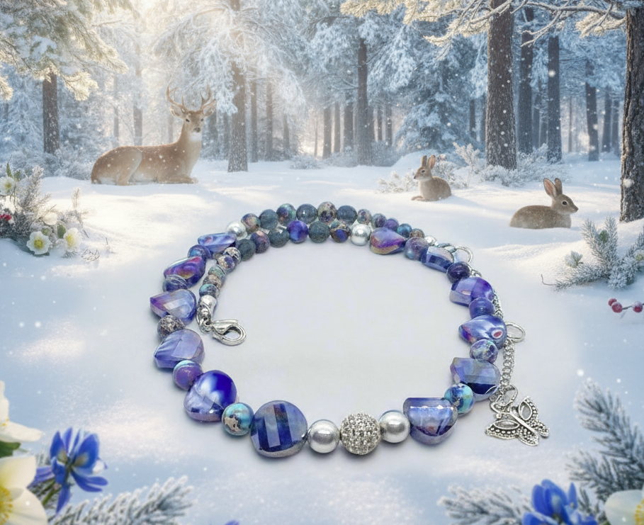 Beautiful Sea Blue Jasper, Firepolish Blue, Silver and Montana Blue, Beaded Necklace handcrafted by Artistry Jewelry