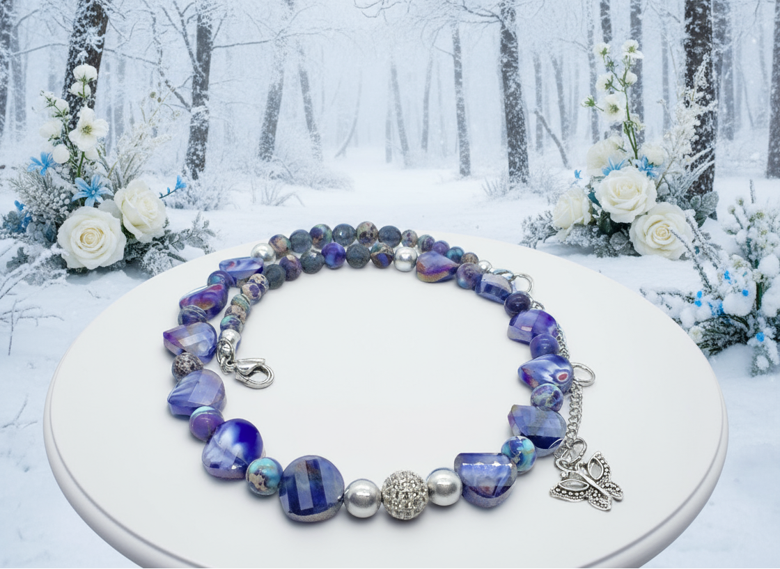 Beautiful Sea Blue Jasper, Firepolish Blue, Silver and Montana Blue, Beaded Necklace handcrafted by Artistry Jewelry