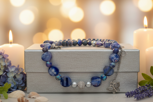 Beautiful Sea Blue Jasper, Firepolish Blue, Silver and Montana Blue, Beaded Necklace handcrafted by Artistry Jewelry