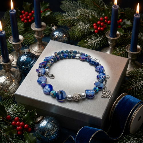 Beautiful Sea Blue Jasper, Firepolish Blue, Silver and Montana Blue, Beaded Necklace handcrafted by Artistry Jewelry
