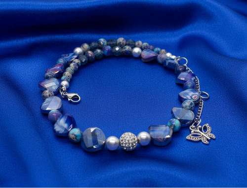 Beautiful Sea Blue Jasper, Firepolish Blue, Silver and Montana Blue, Beaded Necklace handcrafted by Artistry Jewelry