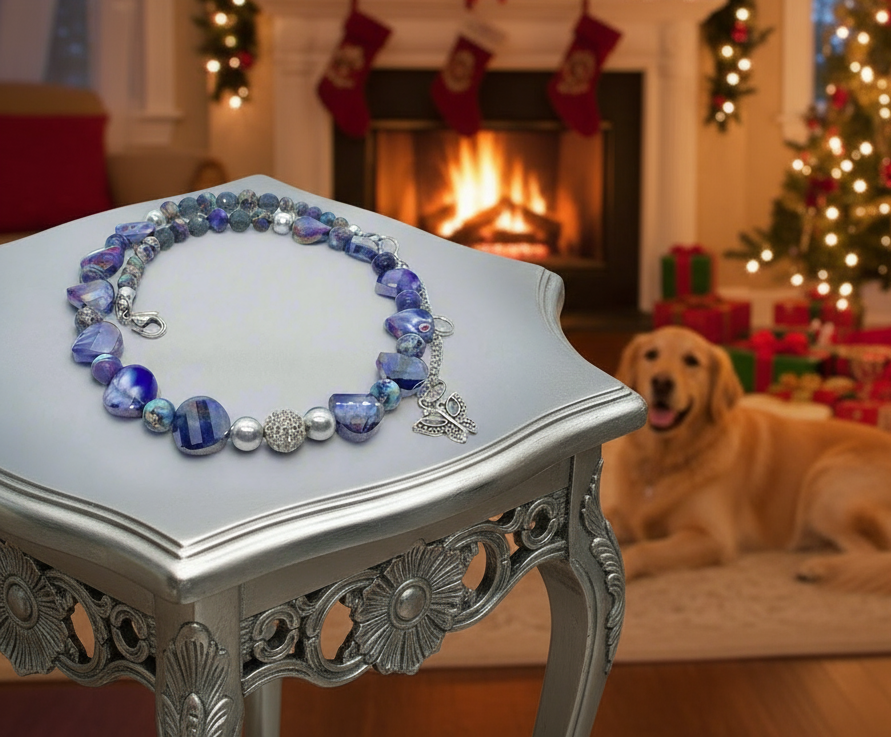 Beautiful Sea Blue Jasper, Firepolish Blue, Silver and Montana Blue, Beaded Necklace handcrafted by Artistry Jewelry