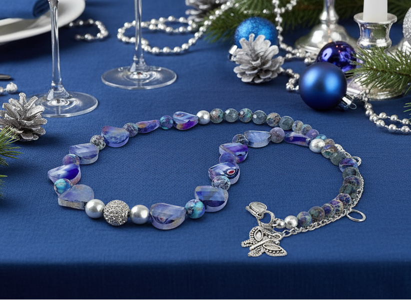 Beautiful Sea Blue Jasper, Firepolish Blue, Silver and Montana Blue, Beaded Necklace handcrafted by Artistry Jewelry