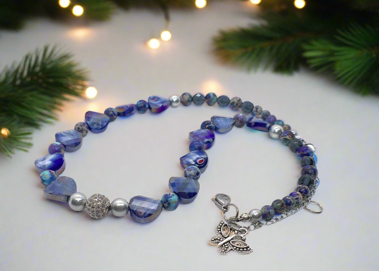 Beautiful Sea Blue Jasper, Firepolish Blue, Silver and Montana Blue, Beaded Necklace handcrafted by Artistry Jewelry