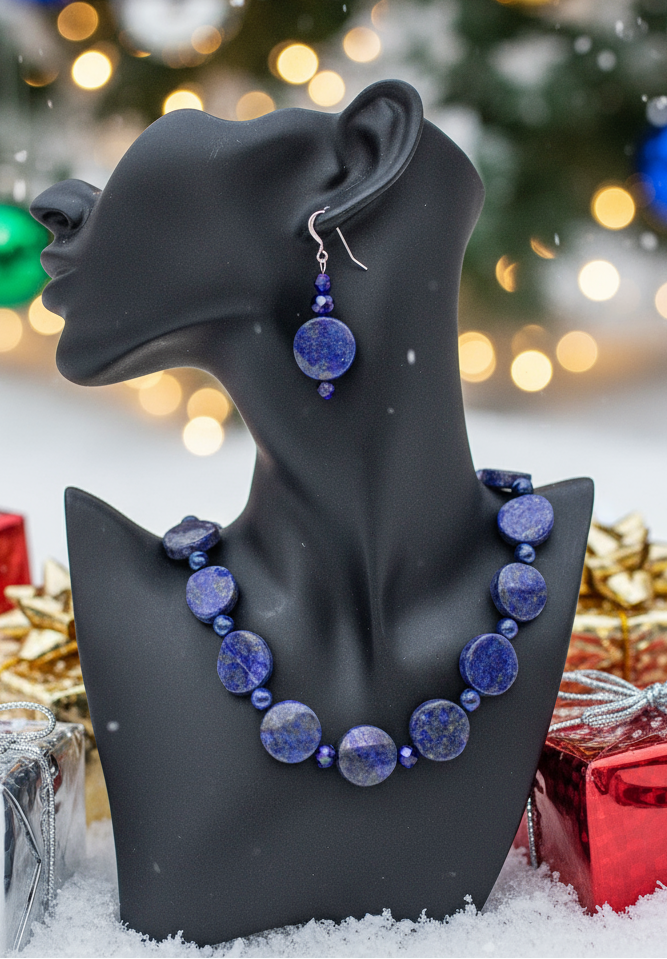Stunning Lapis Lazuli and Crystals, Dark Blue, Silver, Semi-precious, Beaded Necklace Set handcrafted by Artistry Jewelry