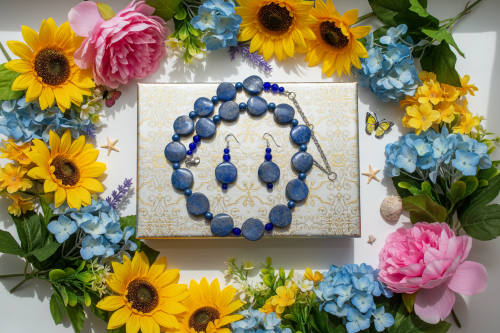 Stunning Lapis Lazuli and Crystals, Dark Blue, Silver, Semi-precious, Beaded Necklace Set handcrafted by Artistry Jewelry