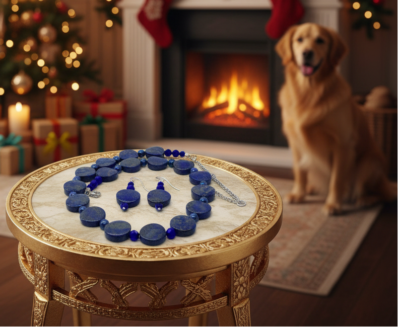 Stunning Lapis Lazuli and Crystals, Dark Blue, Silver, Semi-precious, Beaded Necklace Set handcrafted by Artistry Jewelry