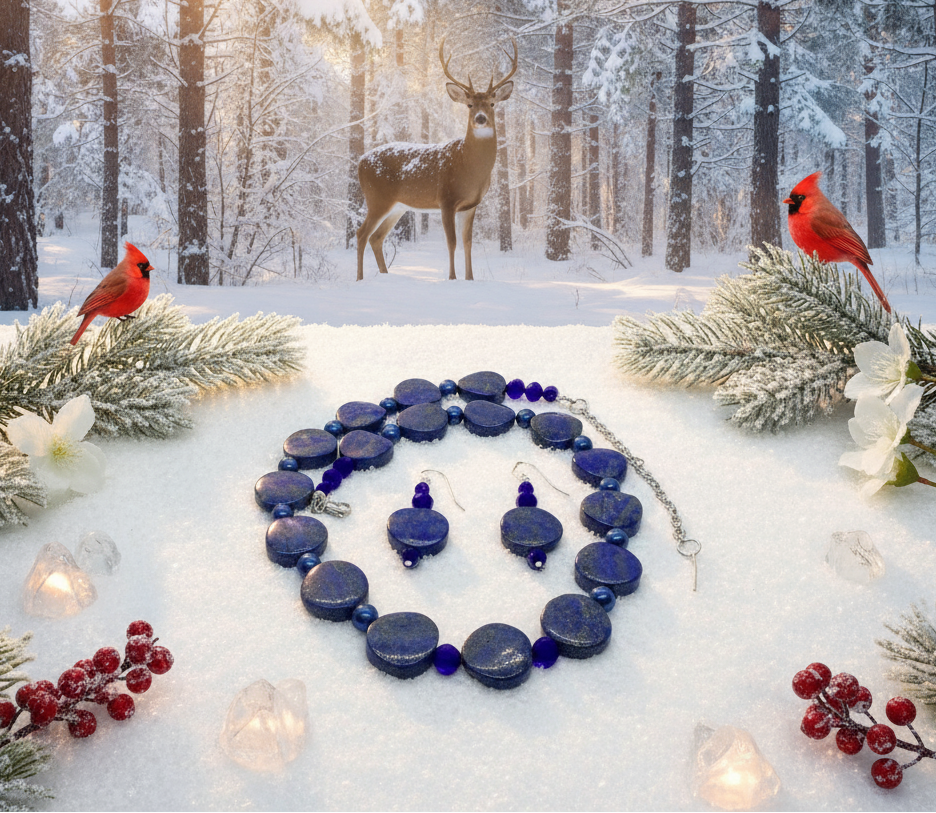 Stunning Lapis Lazuli and Crystals, Dark Blue, Silver, Semi-precious, Beaded Necklace Set handcrafted by Artistry Jewelry