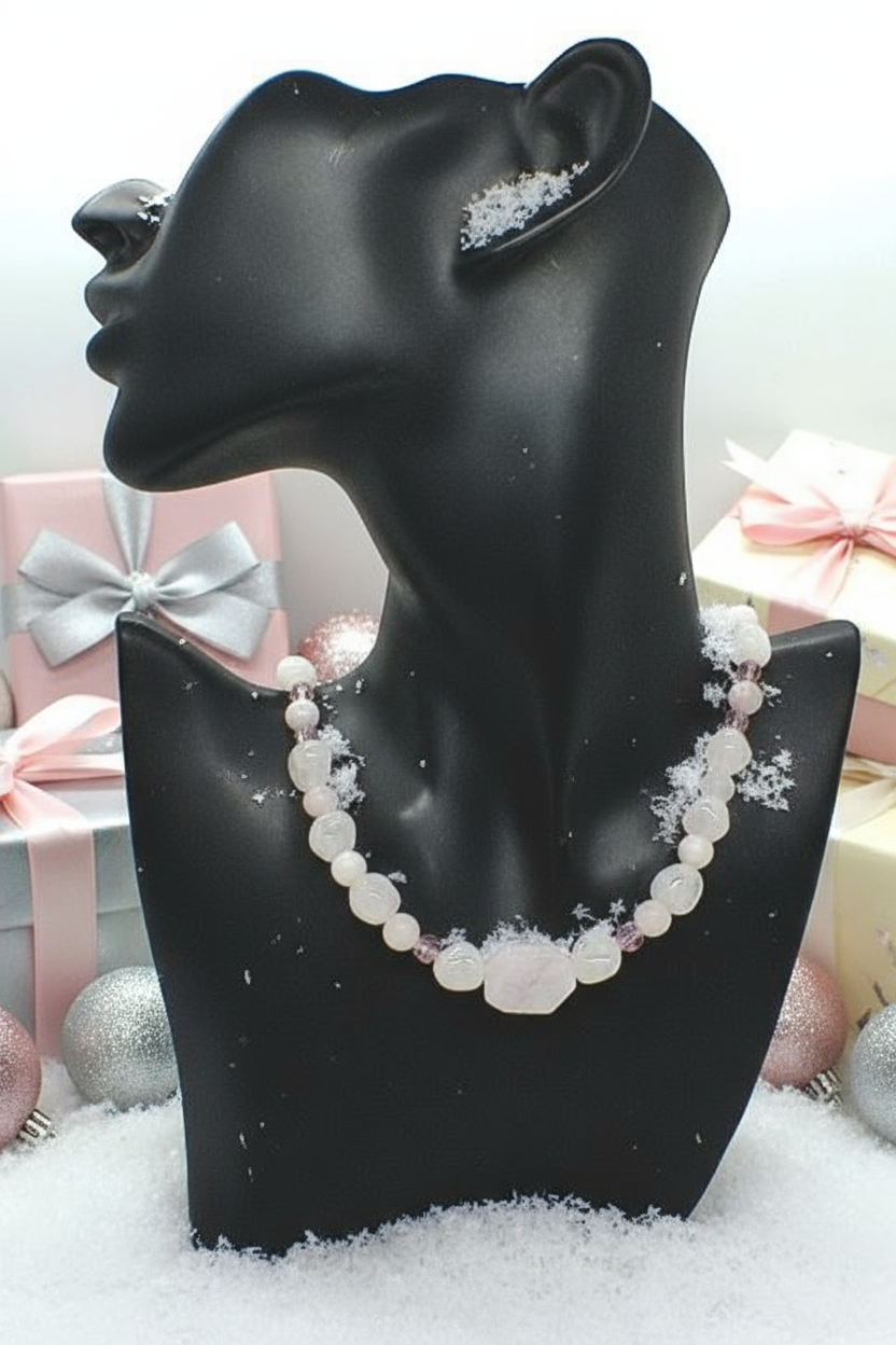 Stunning Rose Pink Quartz and Crystals, Semi-precious Beaded Necklace handcrafted by Artistry Jewelry