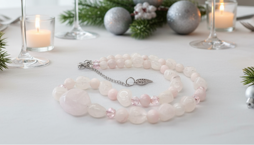 Stunning Rose Pink Quartz and Crystals, Semi-precious Beaded Necklace handcrafted by Artistry Jewelry