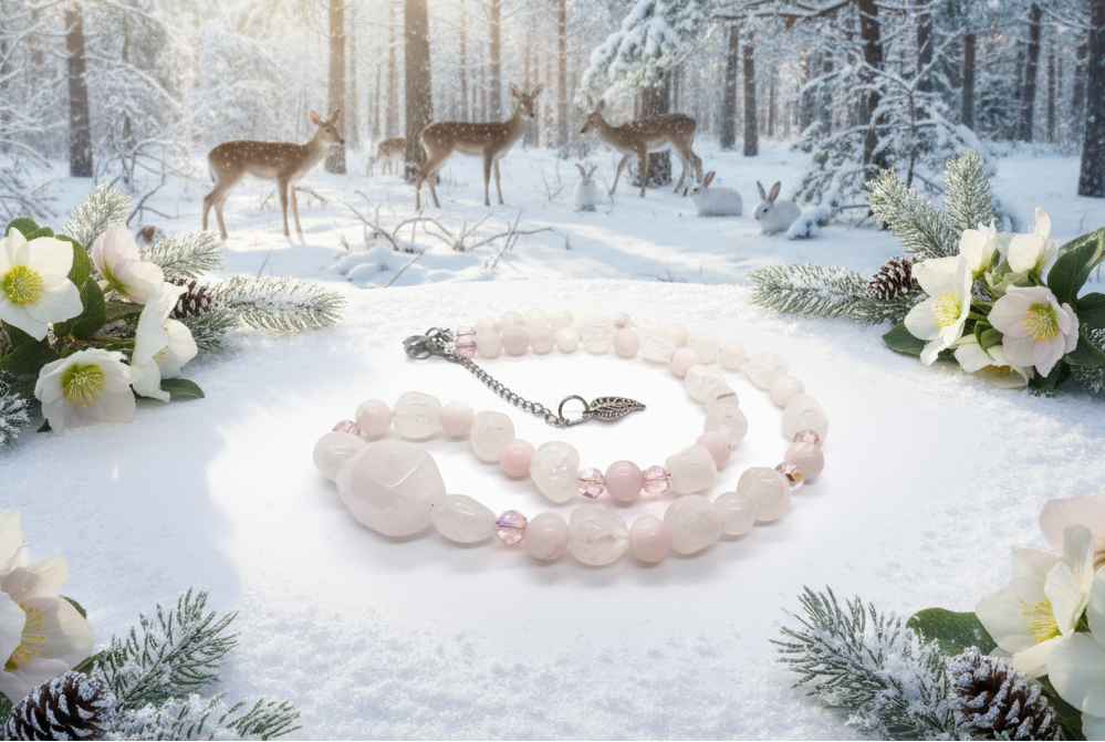 Stunning Rose Pink Quartz and Crystals, Semi-precious Beaded Necklace handcrafted by Artistry Jewelry