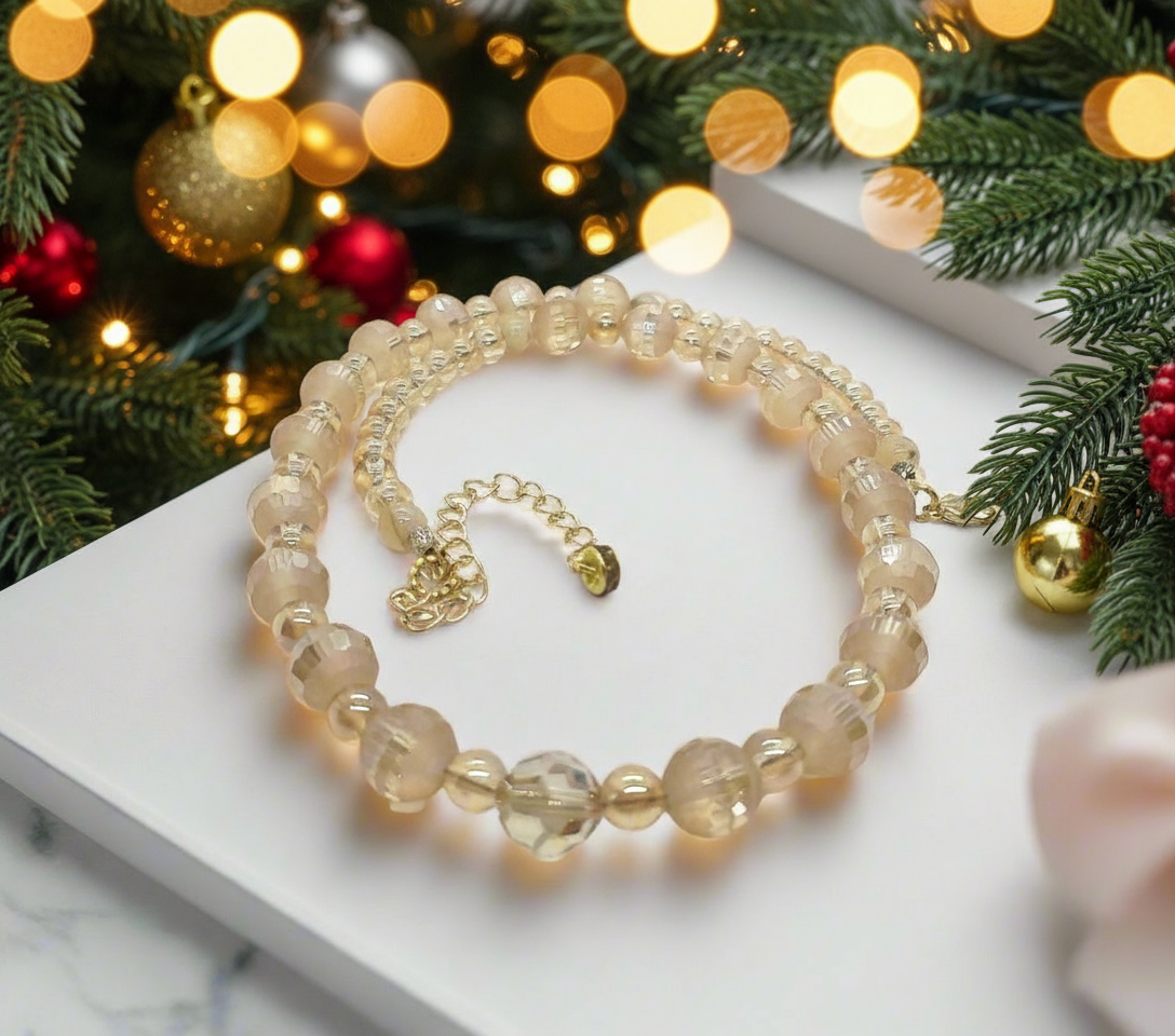 Beautiful Peach/Amber, Crystal and Cream, Golden Shadow Beaded Necklace Set handcrafted by Artistry Jewelry