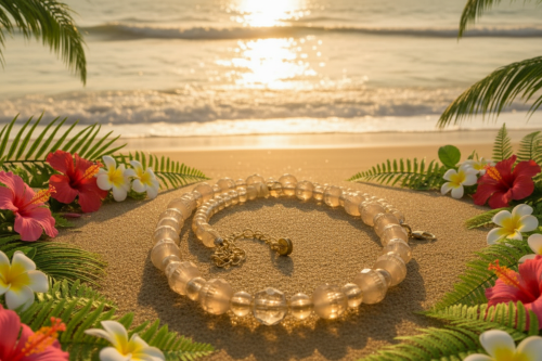 Beautiful Peach/Amber, Crystal and Cream, Golden Shadow Beaded Necklace Set handcrafted by Artistry Jewelry