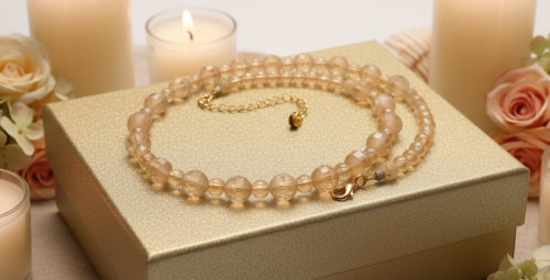 Beautiful Peach/Amber, Crystal and Cream, Golden Shadow Beaded Necklace Set handcrafted by Artistry Jewelry