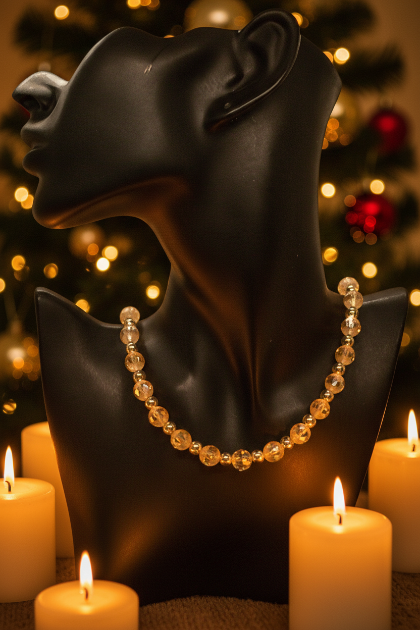 Beautiful Peach/Amber, Crystal and Cream, Golden Shadow Beaded Necklace Set handcrafted by Artistry Jewelry