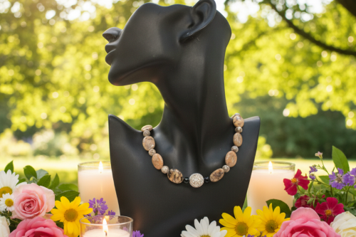 Lovely Pink Feldspar & Maifanite Jasper, Black, brown, Gray, Semi-precious, Beaded Necklace handcrafted by Artistry Jewelry