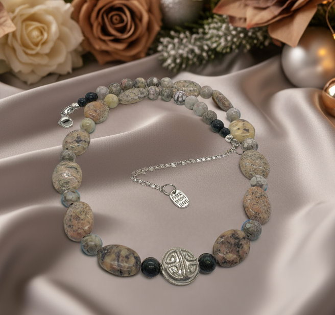 Lovely Pink Feldspar & Maifanite Jasper, Black, brown, Gray, Semi-precious, Beaded Necklace handcrafted by Artistry Jewelry