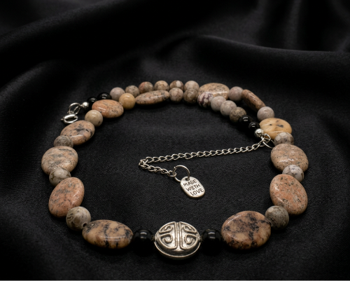Lovely Pink Feldspar & Maifanite Jasper, Black, brown, Gray, Semi-precious, Beaded Necklace handcrafted by Artistry Jewelry