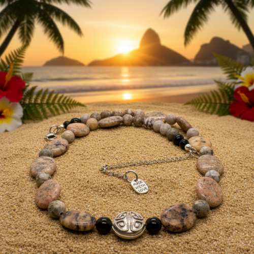 Lovely Pink Feldspar & Maifanite Jasper, Black, brown, Gray, Semi-precious, Beaded Necklace handcrafted by Artistry Jewelry