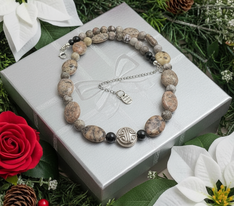 Lovely Pink Feldspar & Maifanite Jasper, Black, brown, Gray, Semi-precious, Beaded Necklace handcrafted by Artistry Jewelry