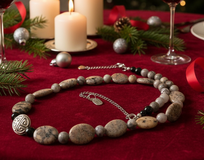 Lovely Pink Feldspar & Maifanite Jasper, Black, brown, Gray, Semi-precious, Beaded Necklace handcrafted by Artistry Jewelry
