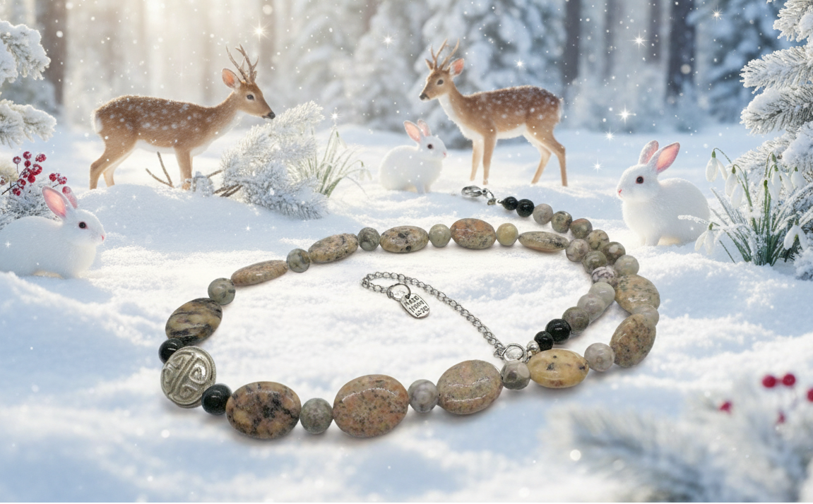 Lovely Pink Feldspar & Maifanite Jasper, Black, brown, Gray, Semi-precious, Beaded Necklace handcrafted by Artistry Jewelry