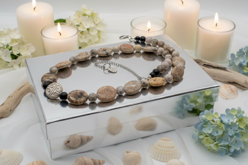 Lovely Pink Feldspar & Maifanite Jasper, Black, brown, Gray, Semi-precious, Beaded Necklace handcrafted by Artistry Jewelry