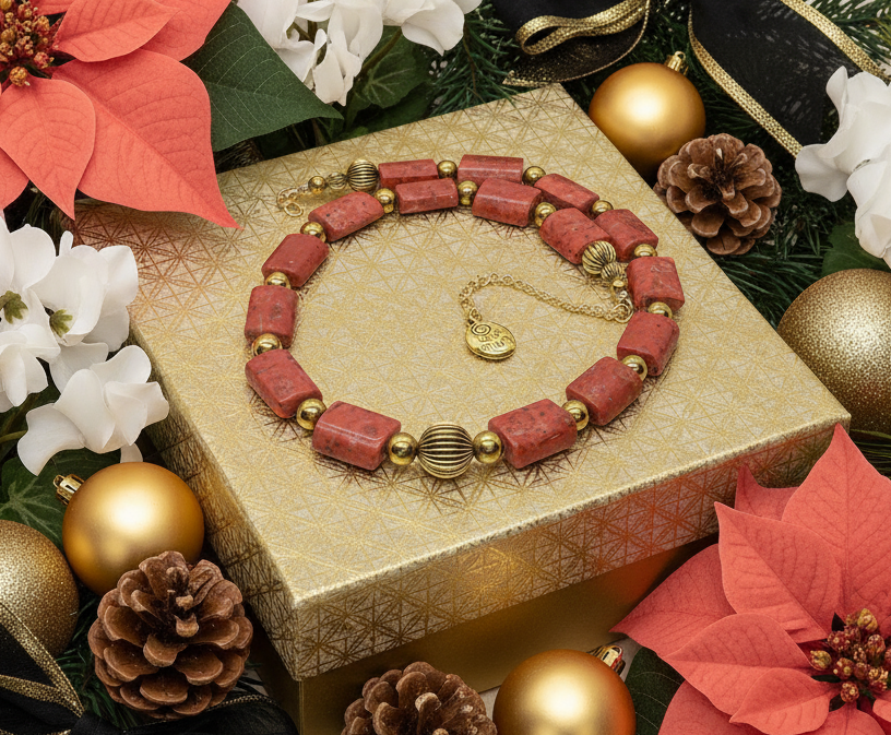 Beautiful Coral Rectangles, Antique Gold Rds, GP Hematite Semi-precious Beaded Necklace handcrafted by Artistry Jewelry