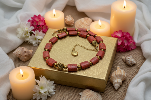 Beautiful Coral Rectangles, Antique Gold Rds, GP Hematite Semi-precious Beaded Necklace handcrafted by Artistry Jewelry