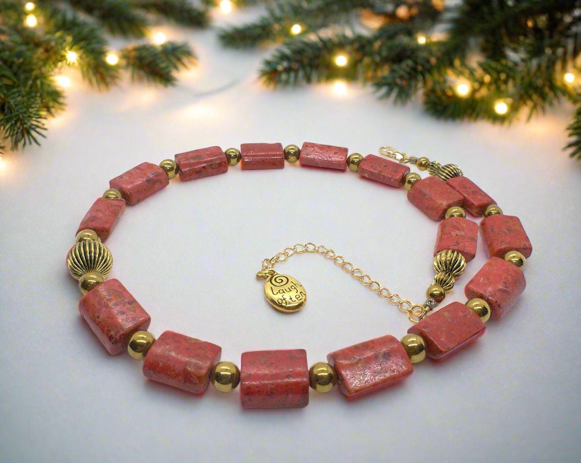 Beautiful Coral Rectangles, Antique Gold Rds, GP Hematite Semi-precious Beaded Necklace handcrafted by Artistry Jewelry