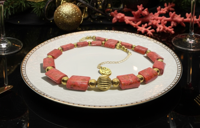 Beautiful Coral Rectangles, Antique Gold Rds, GP Hematite Semi-precious Beaded Necklace handcrafted by Artistry Jewelry