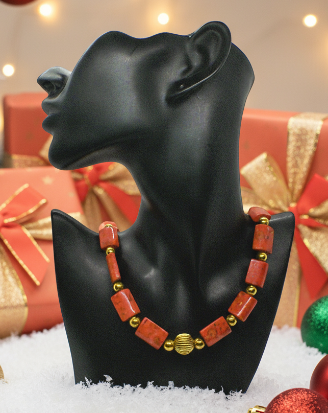 Beautiful Coral Rectangles, Antique Gold Rds, GP Hematite Semi-precious Beaded Necklace handcrafted by Artistry Jewelry