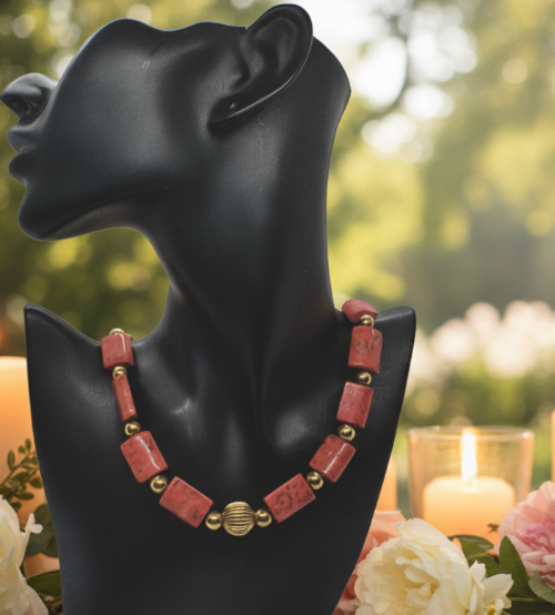 Beautiful Coral Rectangles, Antique Gold Rds, GP Hematite Semi-precious Beaded Necklace handcrafted by Artistry Jewelry