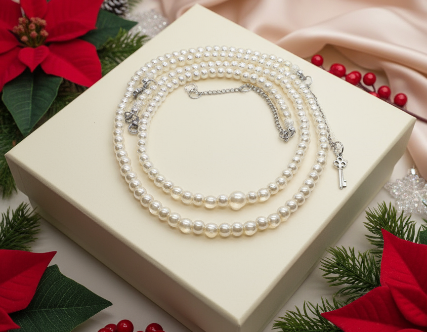 Beautiful Light Peach, Stardust, and Pearl, Two-Strand Beaded Necklace handcrafted by Artistry Jewelry