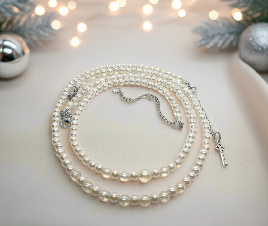 Beautiful Light Peach, Stardust, and Pearl, Two-Strand Beaded Necklace handcrafted by Artistry Jewelry