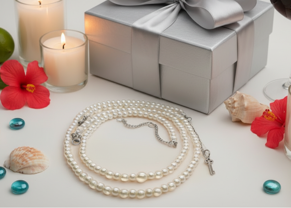 Beautiful Light Peach, Stardust, and Pearl, Two-Strand Beaded Necklace handcrafted by Artistry Jewelry